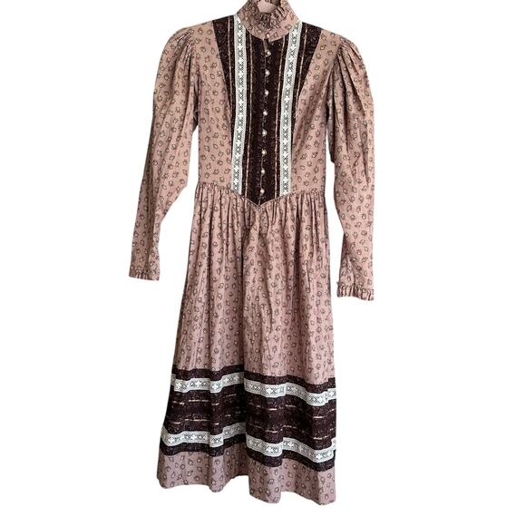 Vintage Boho Dress Prairie Style Brown Floral Print Button Ruffle Trim Size XS - Picture 1 of 8